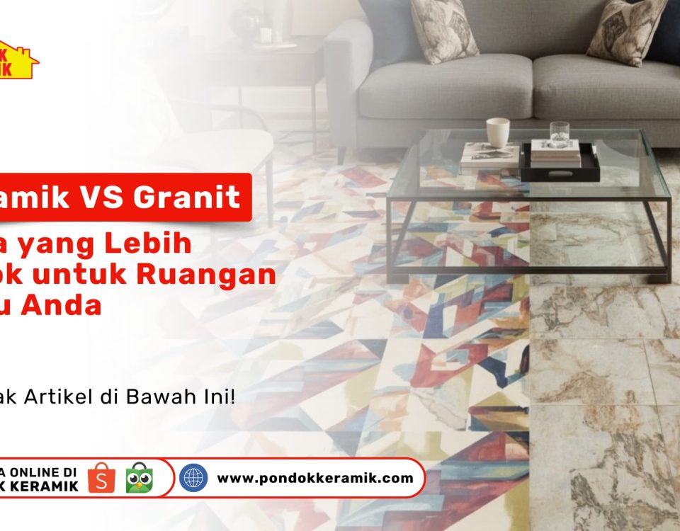 Lantai ruang tamu dengan keramik berwarna dan granit mewah