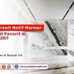Gambar interior mewah dengan dinding dan lantai granit motif marmer, menampilkan kesan elegan dan modern, disertai teks promosi dari Pondok Keramik tentang tren granit 2025.