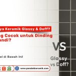 Perbandingan visual keramik glossy dan doff untuk kamar mandi dengan warna dan tekstur berbeda di sisi kanan dan kiri.