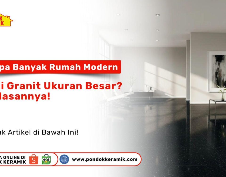 Gambar ruang tamu modern dengan lantai granit ukuran besar warna gelap, desain minimalis elegan dari Pondok Keramik.