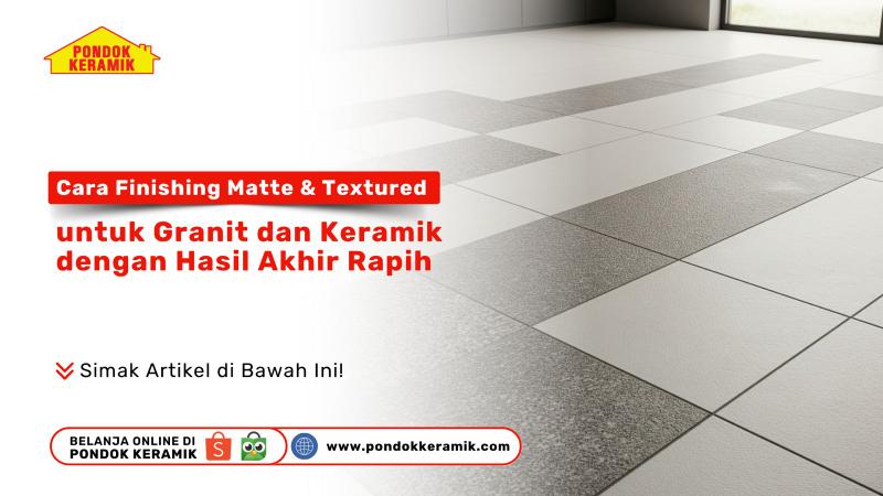 Tampilan lantai dengan kombinasi granit dan keramik bertekstur serta matte finish, menampilkan hasil akhir yang presisi dan modern, disertai teks edukatif dari Pondok Keramik.