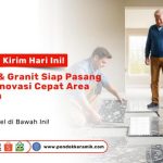 Petugas memasang granit hitam di rumah dengan teks promosi kirim hari ini untuk keramik dan granit siap pasang area Surabaya dari Pondok Keramik.