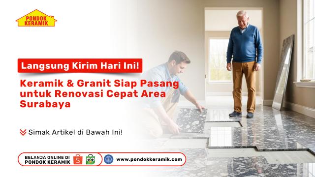 Petugas memasang granit hitam di rumah dengan teks promosi kirim hari ini untuk keramik dan granit siap pasang area Surabaya dari Pondok Keramik.
