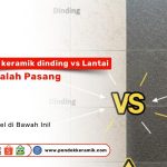 Perbandingan keramik dinding dan lantai dengan visual teks "VS", membedakan warna dan tekstur permukaan.