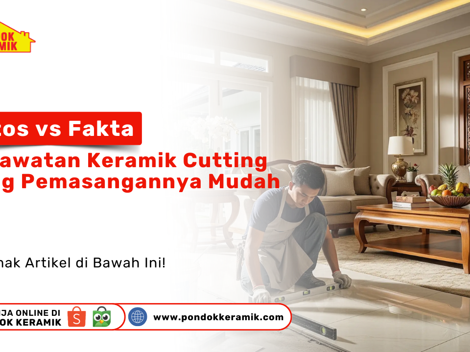 Mitos vs Fakta Perawatan Keramik Cutting. Seorang pekerja sedang memasang keramik di sebuah ruang keluarga yang elegan, menunjukkan kemudahan pemasangan.