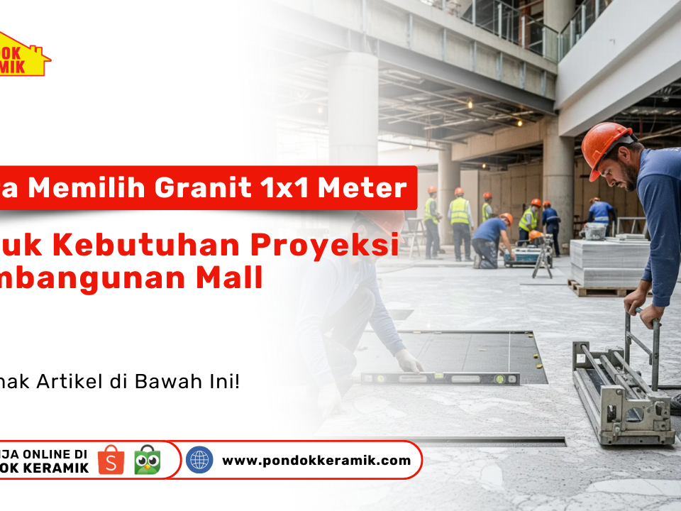 Cara Memilih Granit 1x1 Meter. Seorang pekerja konstruksi sedang mengangkat granit berukuran besar di lokasi proyek pembangunan mall, sementara pekerja lain memasangnya.