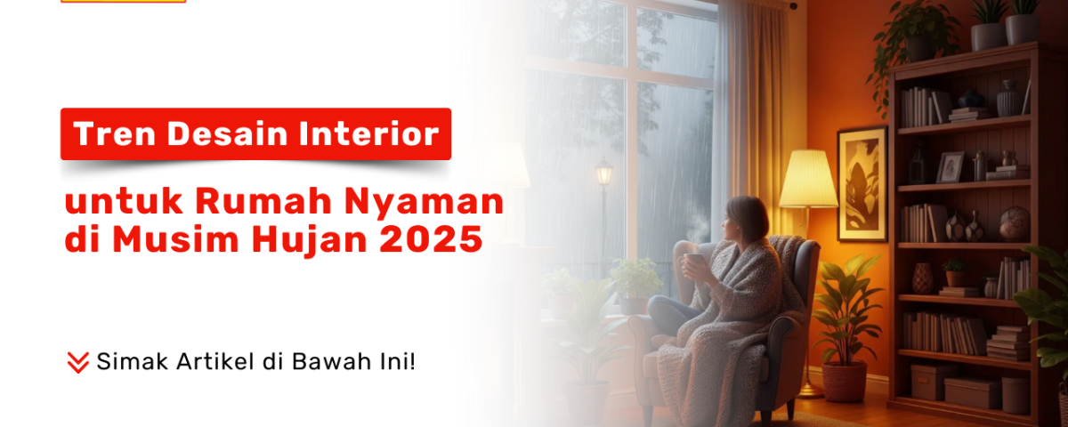 Tren Desain Interior untuk Rumah Nyaman di Musim Hujan 2025. Seorang wanita menikmati minuman hangat di sofa dekat jendela, dengan pemandangan hujan, suasana ruang tamu terasa hangat dan nyaman.