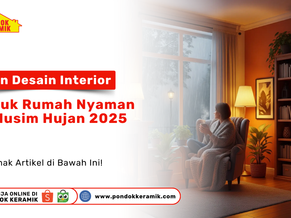 Tren Desain Interior untuk Rumah Nyaman di Musim Hujan 2025. Seorang wanita menikmati minuman hangat di sofa dekat jendela, dengan pemandangan hujan, suasana ruang tamu terasa hangat dan nyaman.