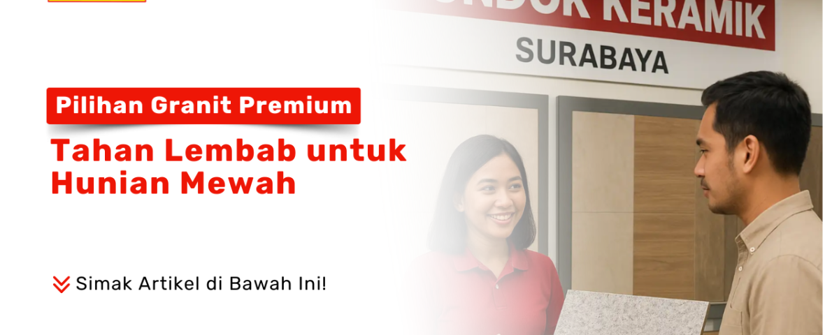 Pilihan Granit Premium Tahan Lembab. Seorang sales wanita di Pondok Keramik Surabaya sedang menunjukkan sampel granit kepada seorang pria.