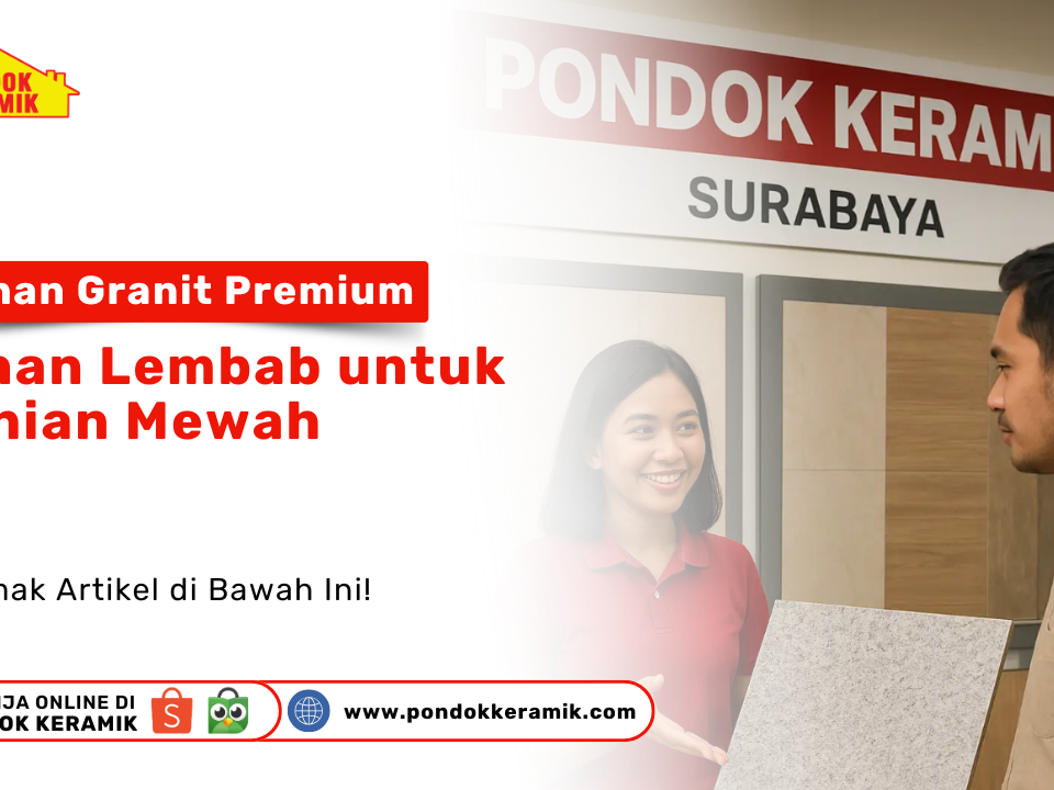 Pilihan Granit Premium Tahan Lembab. Seorang sales wanita di Pondok Keramik Surabaya sedang menunjukkan sampel granit kepada seorang pria.