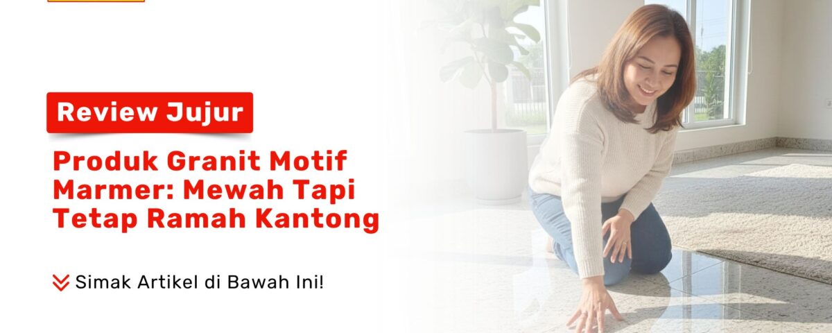 Seorang wanita sedang menyentuh permukaan lantai granit motif marmer yang mengkilap sebagai visual review jujur produk granit motif marmer: mewah tapi tetap ramah kantong