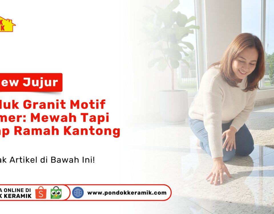 Seorang wanita sedang menyentuh permukaan lantai granit motif marmer yang mengkilap sebagai visual review jujur produk granit motif marmer: mewah tapi tetap ramah kantong