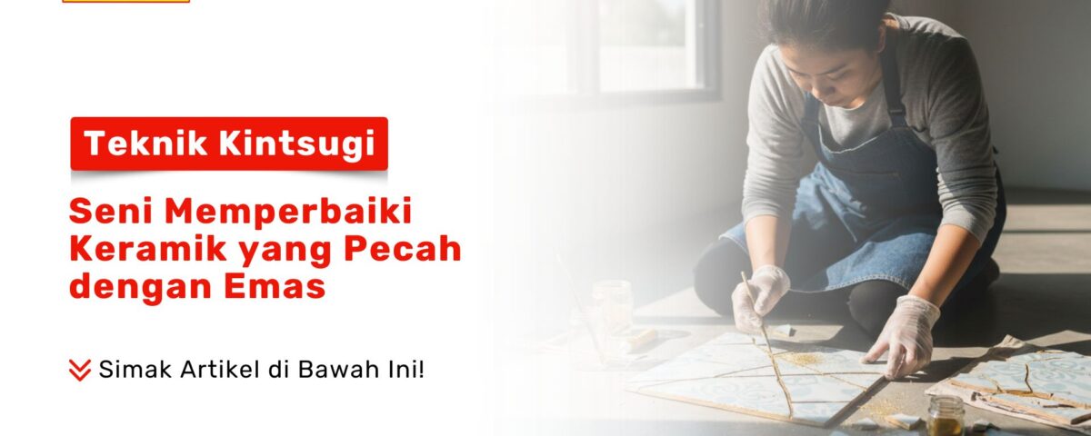 Seorang wanita sedang menggunakan kuas kecil untuk mengoleskan cat emas pada retakan ubin sebagai visual teknik kintsugi: seni memperbaiki keramik yang pecah dengan emas