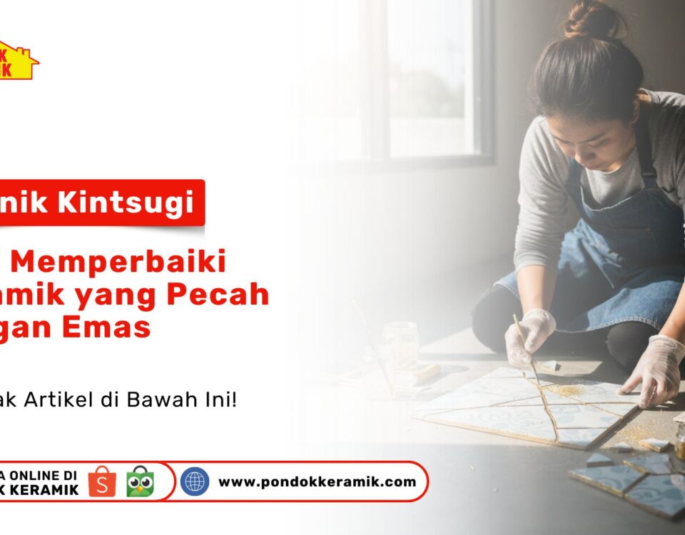 Seorang wanita sedang menggunakan kuas kecil untuk mengoleskan cat emas pada retakan ubin sebagai visual teknik kintsugi: seni memperbaiki keramik yang pecah dengan emas