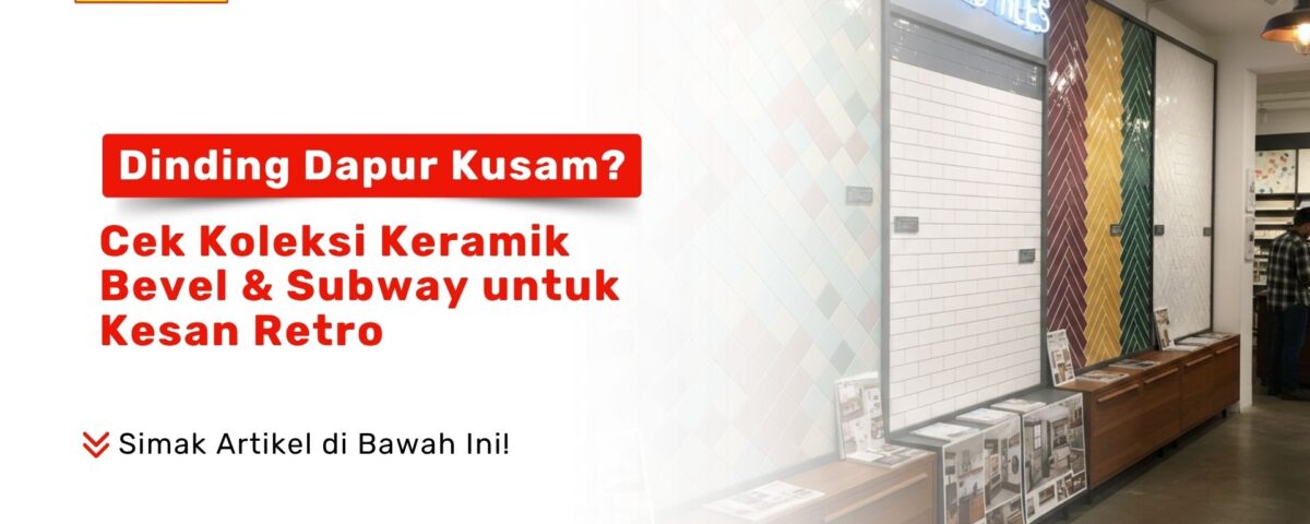 Showroom Pondok Keramik yang menampilkan display dinding dengan keramik subway putih dan pola herringbone warna warni retro