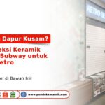 Showroom Pondok Keramik yang menampilkan display dinding dengan keramik subway putih dan pola herringbone warna warni retro