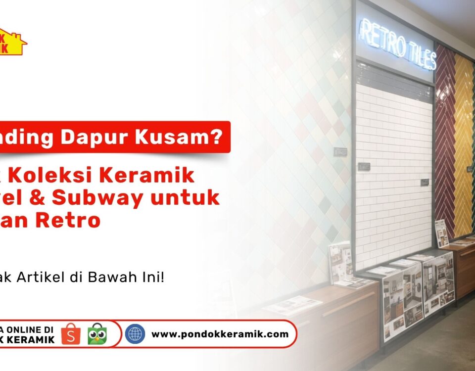 Showroom Pondok Keramik yang menampilkan display dinding dengan keramik subway putih dan pola herringbone warna warni retro