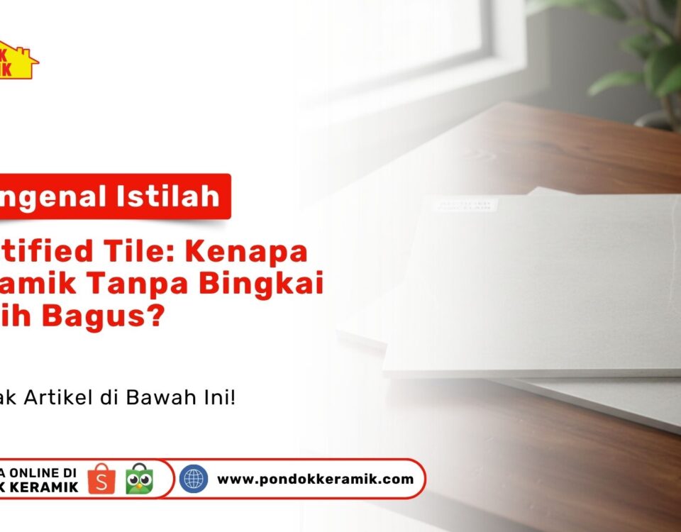 Contoh kepingan rectified tile di atas meja kayu dengan tepi yang sangat siku dan presisi serta alat ukur meteran di sampingnya