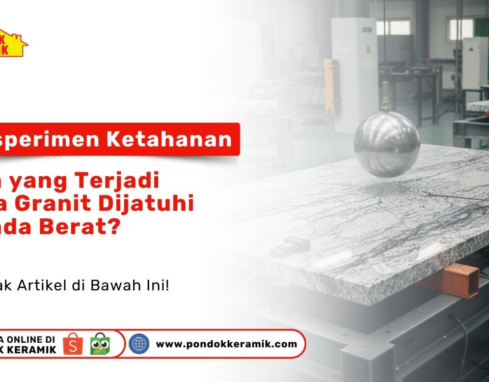 Sebuah bola besi berat yang dijatuhkan ke atas permukaan granit putih abu-abu sebagai visual eksperimen ketahanan granit