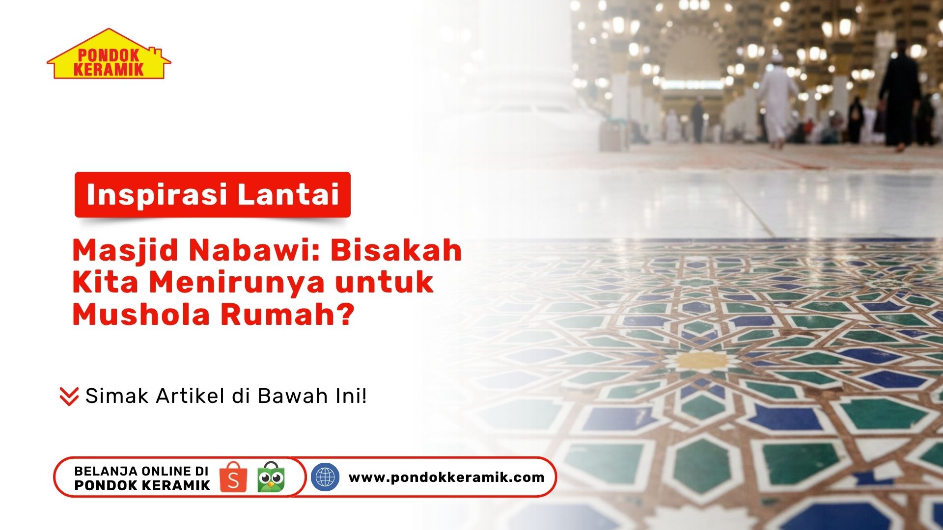 Tampilan jarak dekat lantai Masjid Nabawi dengan motif geometri bintang berwarna cokelat dan biru yang sangat detail dan artistik
