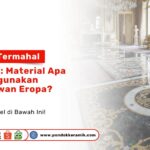 Interior aula istana Eropa yang sangat luas dengan lantai marmer hitam dan putih mengkilap yang memiliki pola dekoratif rumit