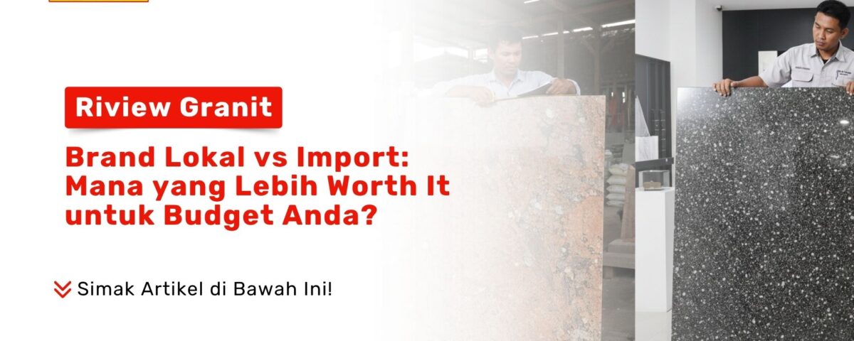 Seorang staf pria sedang menunjukkan dua lempengan granit besar dengan motif berbeda, satu berwarna kecokelatan dan satu hitam bintik putih