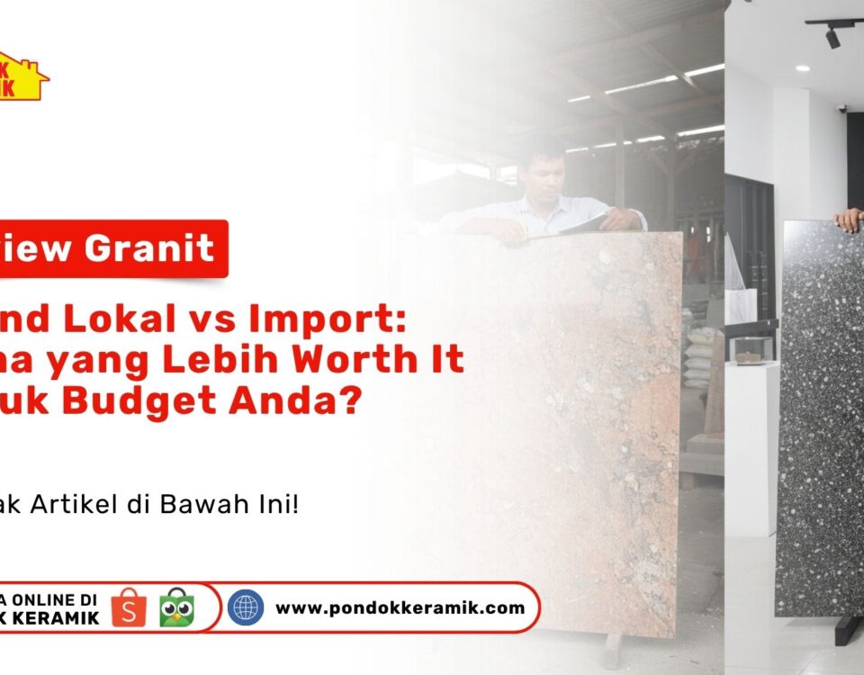 Seorang staf pria sedang menunjukkan dua lempengan granit besar dengan motif berbeda, satu berwarna kecokelatan dan satu hitam bintik putih