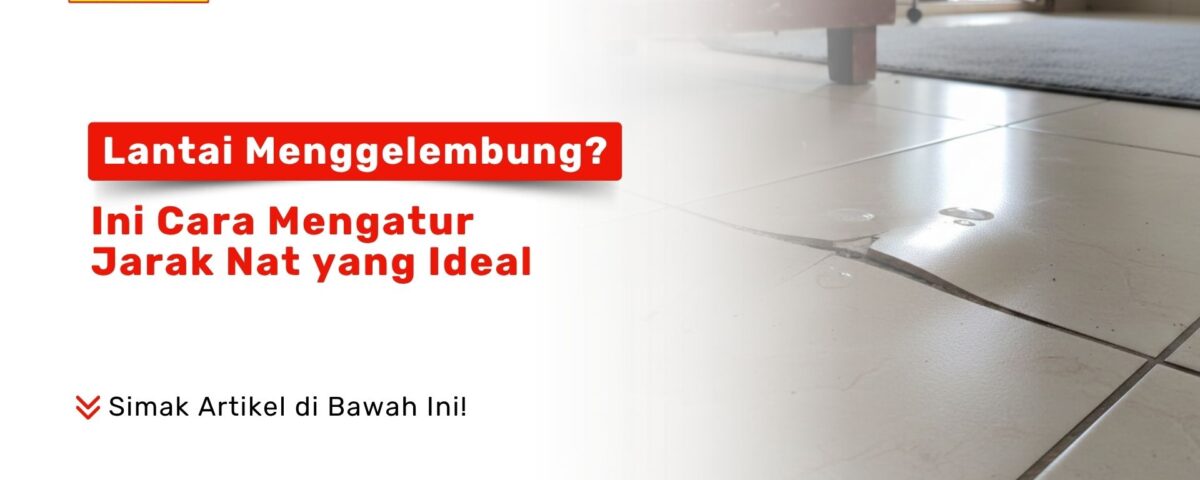 Close-up lantai keramik berwarna krem yang retak dan terangkat ke atas karena masalah pemuaian di dalam ruangan