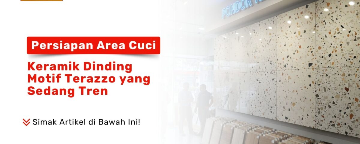 Display keramik dinding motif terazzo dengan fragmen warna cokelat dan abu-abu di showroom Pondok Keramik