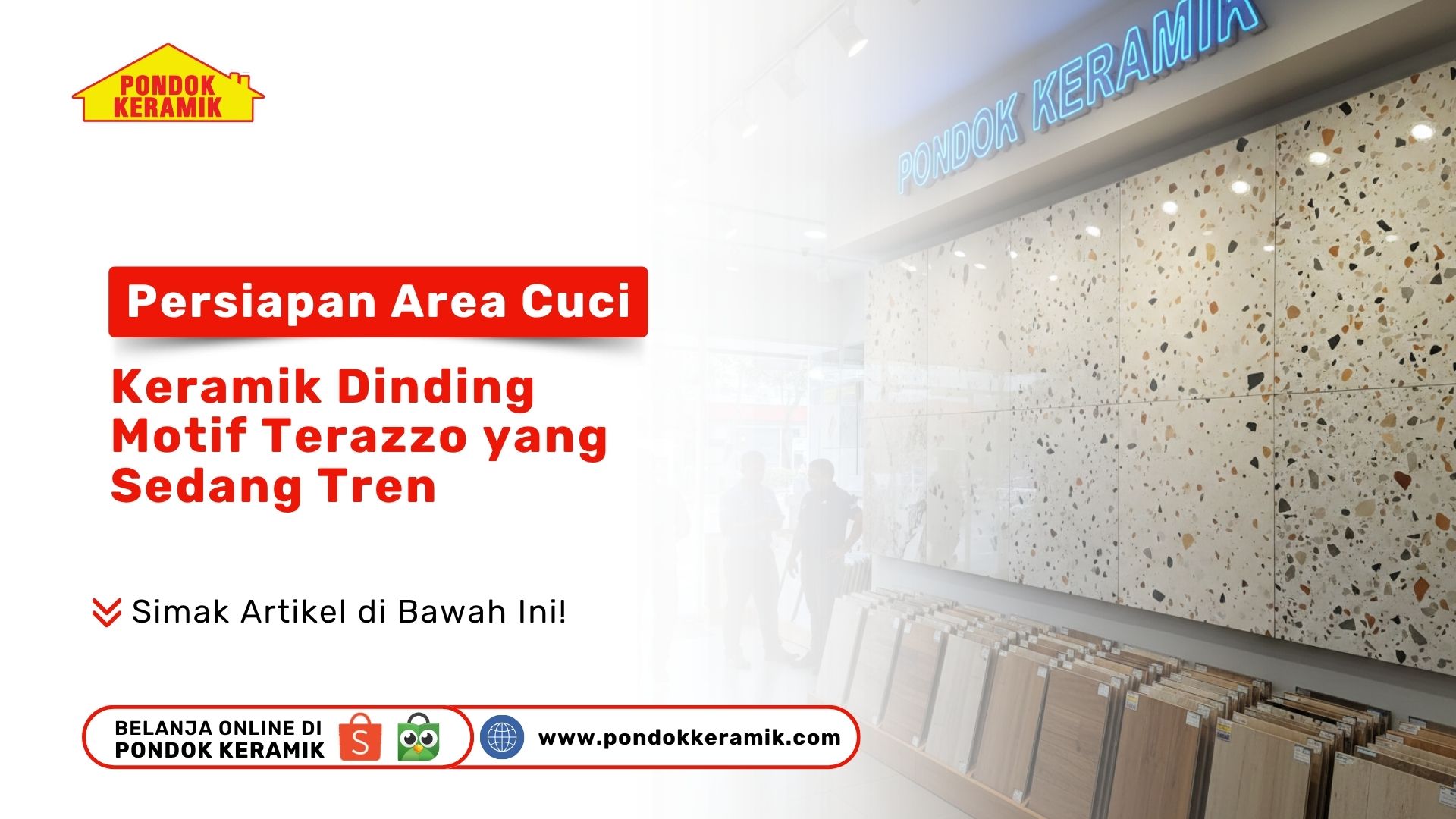 Display keramik dinding motif terazzo dengan fragmen warna cokelat dan abu-abu di showroom Pondok Keramik