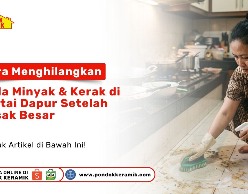 Seorang wanita sedang mempraktikkan Cara Menghilangkan Noda Minyak & Kerak di Lantai Dapur menggunakan sikat