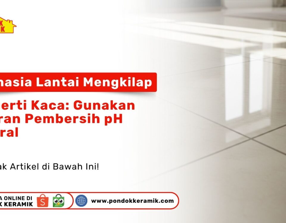 Tampilan lantai granit putih yang sangat mengkilap memantulkan cahaya matahari dari jendela menunjukkan efek pembersihan pH netral