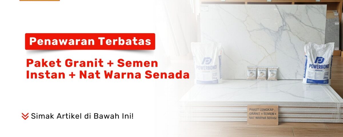 Paket lengkap renovasi lantai berisi tumpukan granit putih marmer, dua karung semen instan Powerbond, dan tiga bungkus nat warna