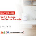 Paket lengkap renovasi lantai berisi tumpukan granit putih marmer, dua karung semen instan Powerbond, dan tiga bungkus nat warna