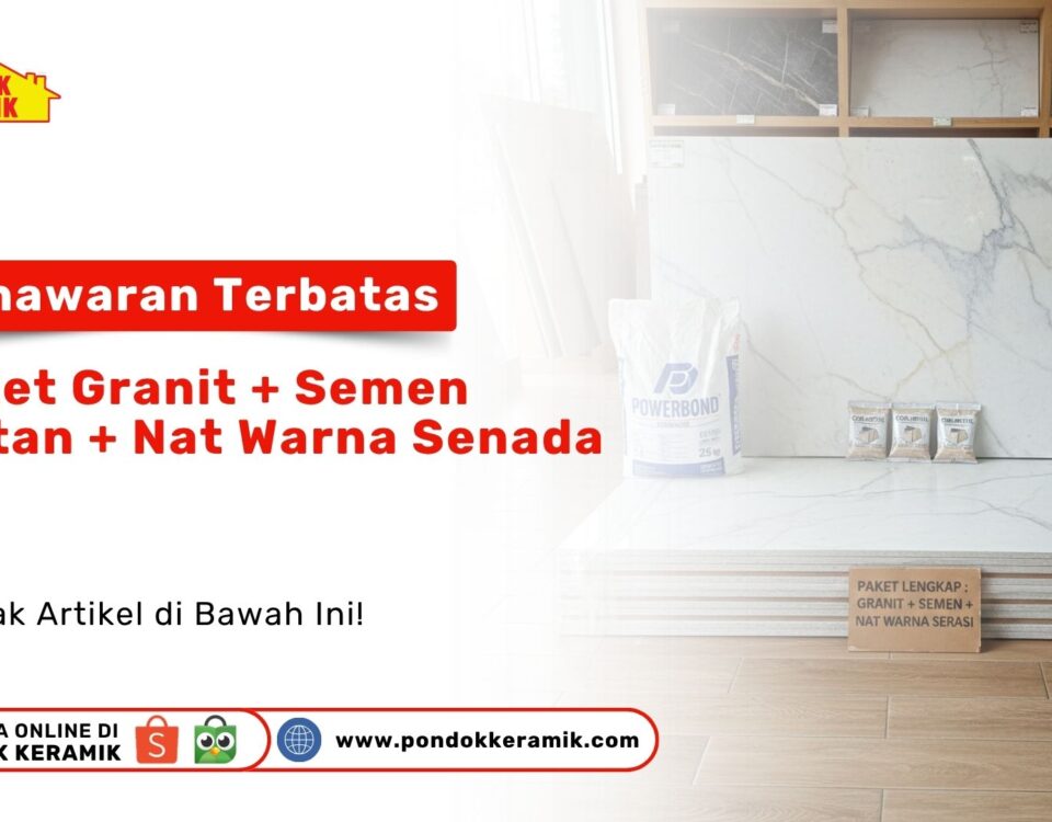 Paket lengkap renovasi lantai berisi tumpukan granit putih marmer, dua karung semen instan Powerbond, dan tiga bungkus nat warna