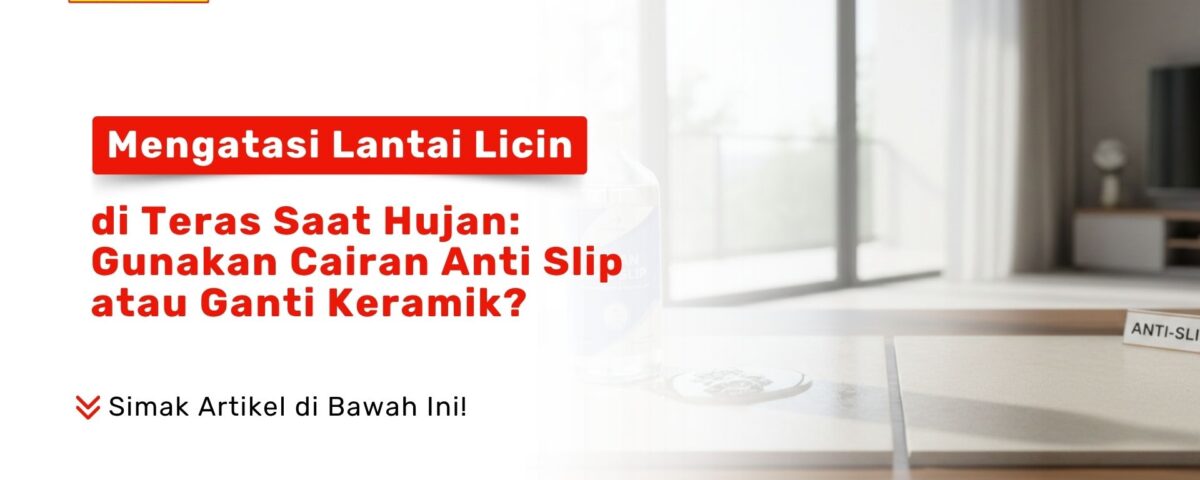 Ilustrasi cara Mengatasi Lantai Licin di Teras Saat Hujan: Gunakan Cairan Anti Slip atau Ganti Keramik? pada permukaan lantai basah