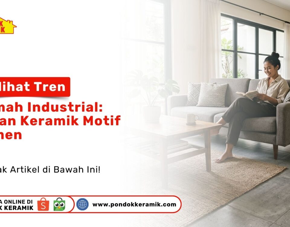 Seorang wanita sedang duduk membaca buku di sofa ruang tamu dengan alas lantai Keramik Motif Semen pada konsep Rumah Industrial
