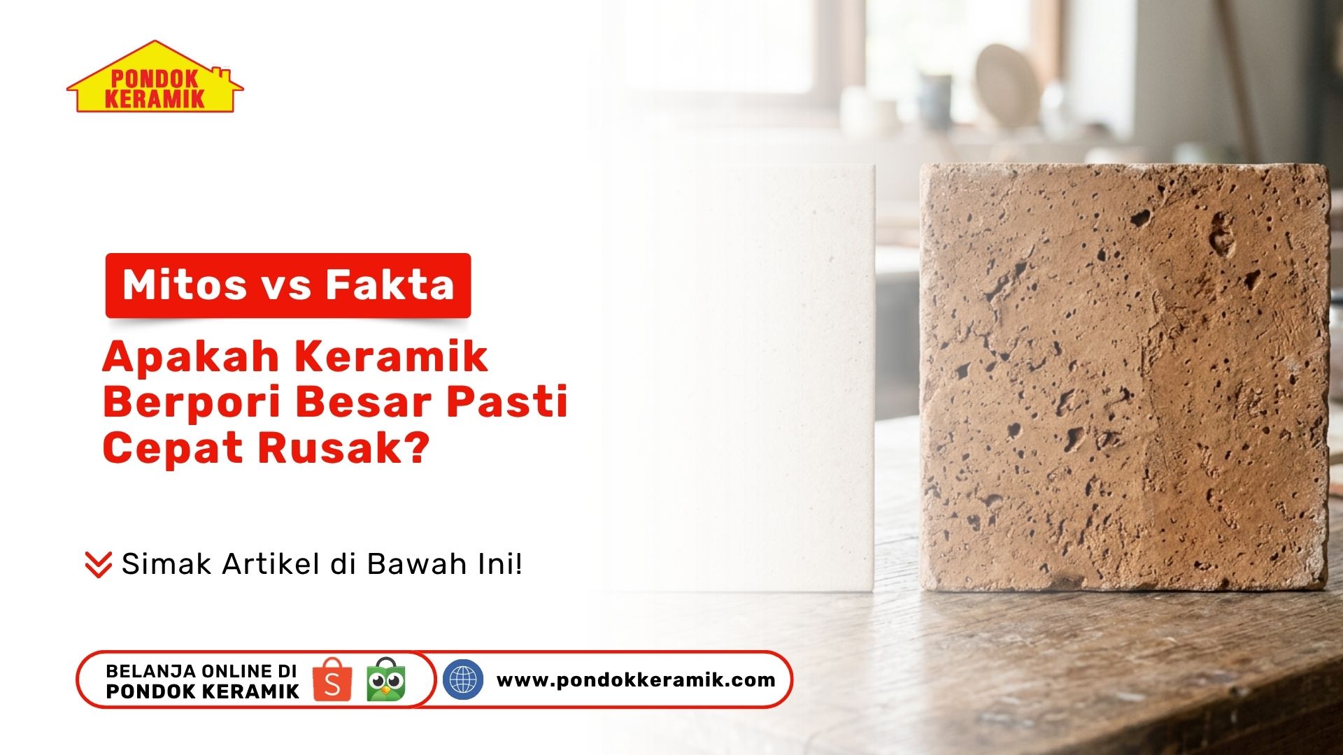 Dua sampel potongan ubin berwujud tekstur putih halus dan cokelat tanah liat kasar sebagai perbandingan Keramik Berpori Besar Toko Pondok Keramik