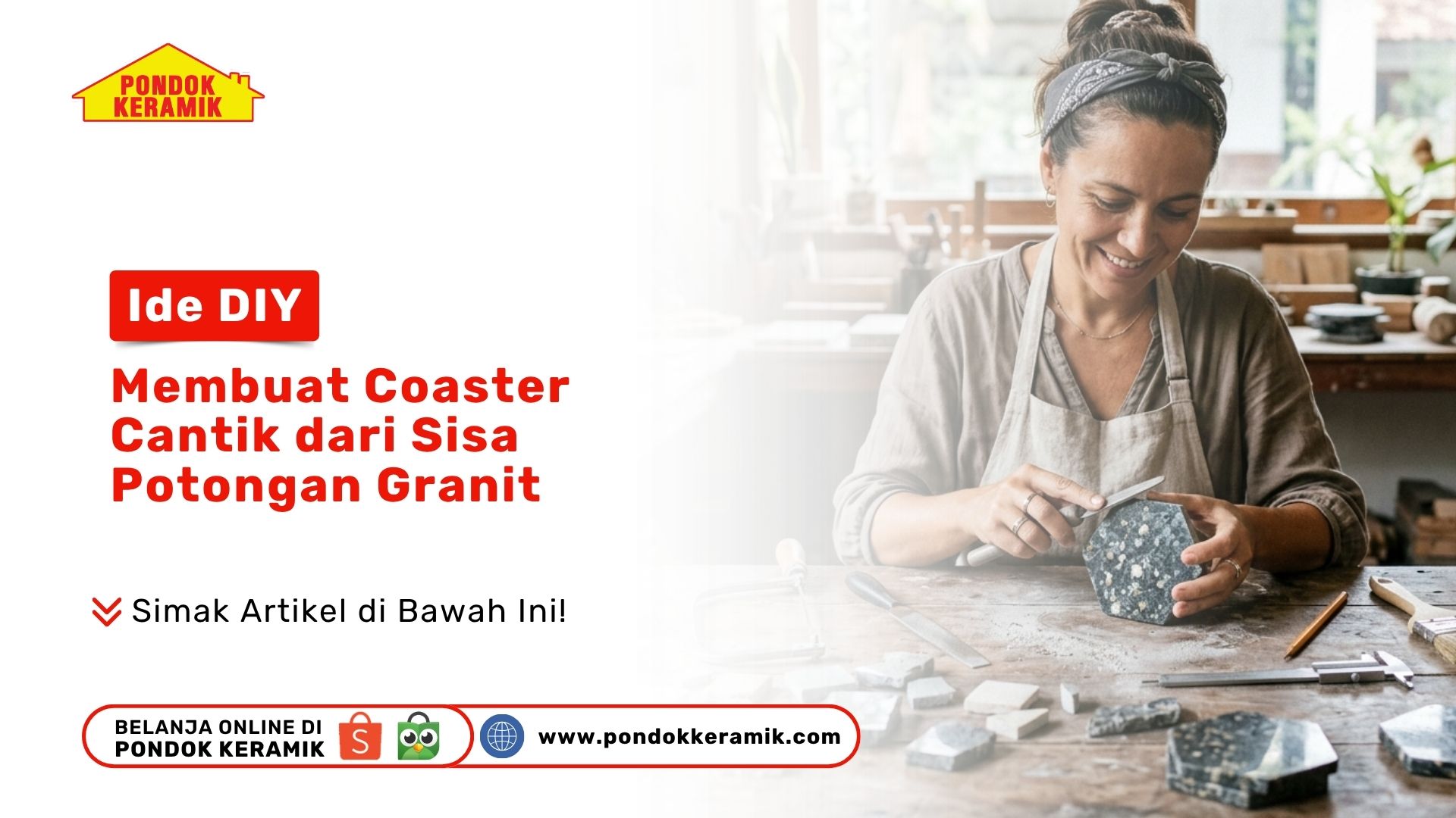 Seorang wanita memakai celemek sedang mengikir sudut kerajinan Ide DIY Coaster Granit abu-abu di atas meja kerja Toko Pondok Keramik