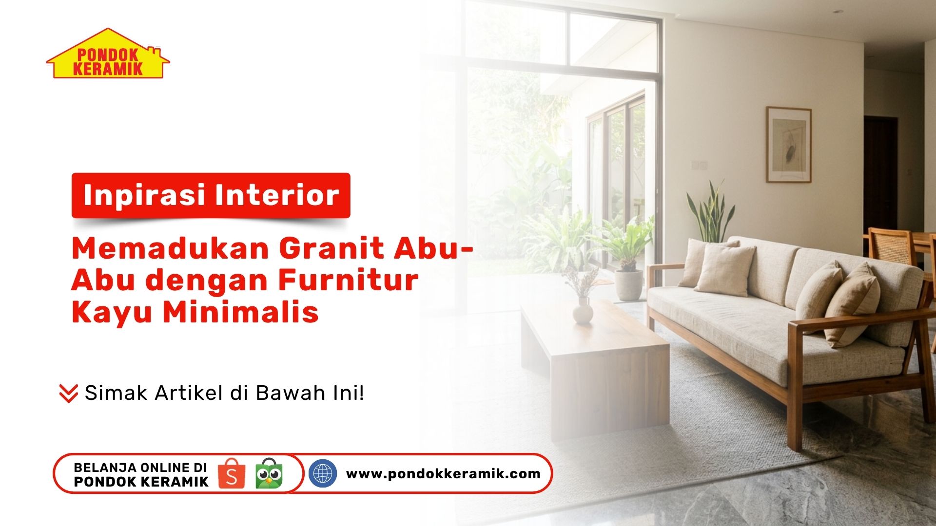 Suasana ruang tamu mewah yang menerapkan Inspirasi Interior Granit Abu-Abu lantai marmer dengan sofa furnitur kayu minimalis dari Pondok Keramik