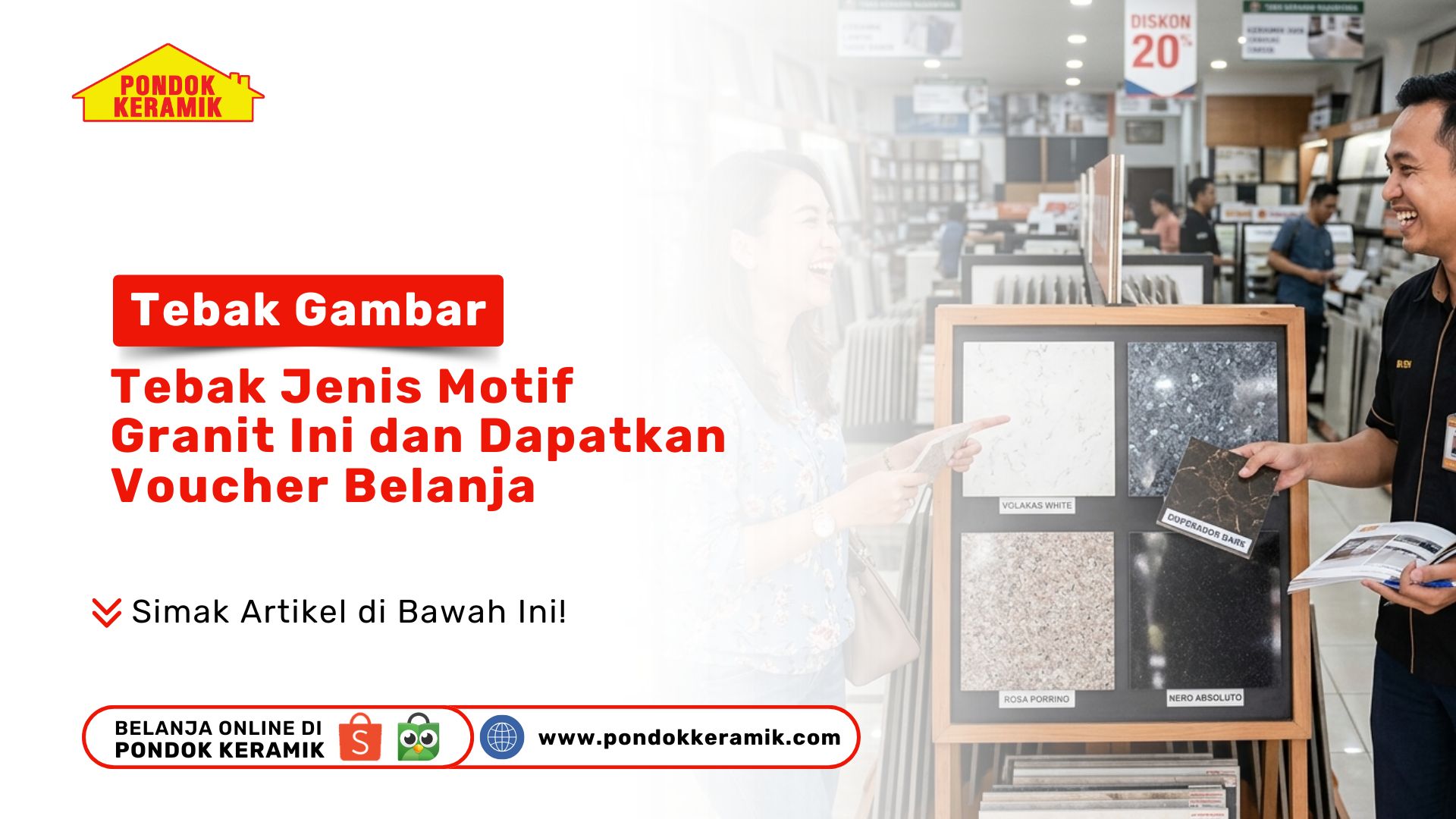 Seorang sales pria menunjukkan sampel ubin porselen pada papan display Tebak Gambar Motif Granit berhadiah di Toko Pondok Keramik