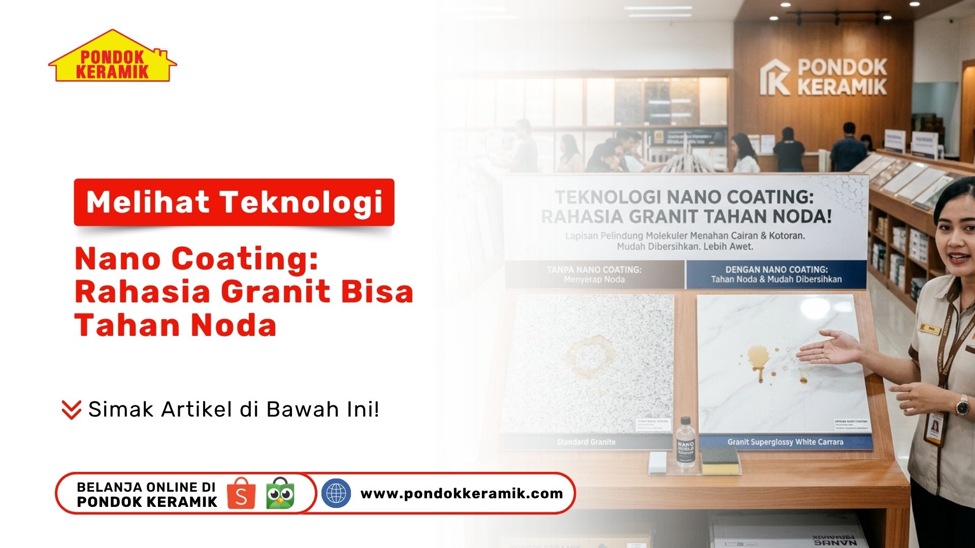 Seorang staf toko sedang menunjukkan contoh display pengujian cairan pada Granit Tahan Noda jenis White Carrara di Pondok Keramik